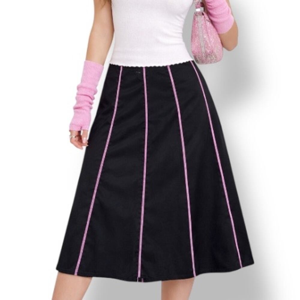 Vintage Y2K Heart Moon Star Black Mini Skirt Pink Contrast Stitching Size 2